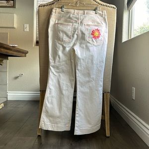 ESCADA gold label white bell denim. Neon embroidered detail. EUC